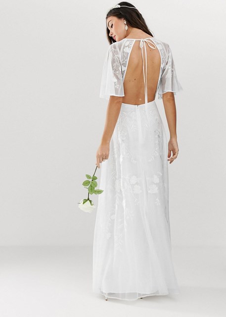 Embroidered Flutter Sleeves Wedding Dress (online rental shop)